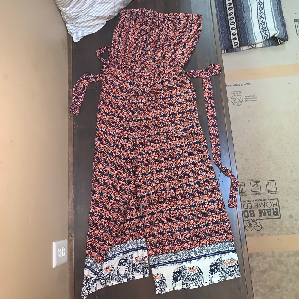 worn once orange and navy blue strapless jump suit